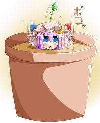 Rule 34 | 1girl, blue eyes, chestnut mouth, crescent, dirt, ehimedaisuki, female focus, hat, highres, leaf, long hair, nintendo, open mouth, patchouli knowledge, pikmin (series), pot, purple hair, solo, sprout, sprout on head, touhou, warabi mochi (ehimedaisuki)
