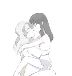 Rule 34 | 2girls, arms around neck, blush, diana cavendish, hand on ass, hug, imminent kiss, kagari atsuko, little witch academia, long hair, looking at another, monochrome, multicolored hair, multiple girls, papamupa35, shirt, shorts, sitting, sitting on person, smile, t-shirt, two-tone hair, wavy hair, yuri