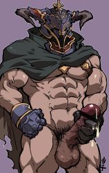 Rule 34 | 1boy, abs, armor, bar censor, bara, cape, censored, cowboy shot, cum, draph, erection, fake horns, granblue fantasy, helmet, highres, horned helmet, horns, large pectorals, male focus, male masturbation, male pubic hair, masturbation, muscular, naked cape, navel, nipples, pectorals, penis, pubic hair, shirako (kirupi), short hair, simple background, solo, testicles, thick thighs, thighs, topless male, upper body, vaseraga