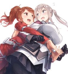 Rule 34 | 10s, 2girls, aquila (kancolle), armpits, black gloves, black legwear, blonde hair, blush, breasts, brown eyes, brown hair, capelet, celtic knot, gloves, graf zeppelin (kancolle), hair between eyes, high ponytail, hug, hug from behind, kantai collection, large breasts, long hair, miniskirt, multiple girls, open mouth, pantyhose, sidelocks, simple background, skirt, smile, twintails, white background, yomo (majidon)