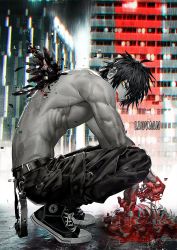 Rule 34 | 1boy, belt, black nails, blood, blood on face, blood on ground, blood on hands, blurry, bone, building, converse, cyberpunk, depth of field, feathered wings, feathers, flesh, glitch, hair between eyes, high tops, highres, laovaan, nail polish, original, rain, shoes, signature, sneakers, squatting, toned, toned male, topless male, transformation, wings