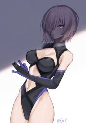 Rule 34 | 1girl, asymmetrical bangs, bare shoulders, black gloves, blush, breasts, cameltoe, cleavage, cleavage cutout, clothing cutout, commentary, dutch angle, elbow gloves, fate/grand order, fate (series), fingers together, gloves, glowing, glowing eyes, hair over one eye, hands up, highleg, highleg leotard, highres, large breasts, leotard, looking at viewer, mash kyrielight, own hands together, parted lips, pink hair, purple eyes, shaded face, shadow, short hair, sidelocks, signature, solo, stomach, stomach cutout, thighs, twitter username, you06, ||/