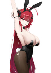 Rule 34 | 1girl, absurdres, ahoge, animal ear hairband, animal ears, arm strap, arm up, azur lane, bare shoulders, black horns, black leotard, breasts, brown pantyhose, cowboy shot, curled horns, detached collar, fake animal ears, fake tail, hape, highres, hindenburg (azur lane), hindenburg (delirious duel) (azur lane), horns, huge breasts, leotard, long hair, looking at viewer, official alternate costume, pantyhose, playboy bunny, pointy ears, rabbit ear hairband, rabbit ears, rabbit tail, red eyes, red hair, simple background, smile, solo, strapless, strapless leotard, tail, torn clothes, torn pantyhose, undersized breast cup, very long hair, white background