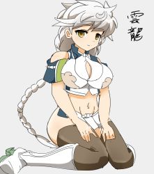Rule 34 | 10s, 1girl, bare shoulders, black thighhighs, braid, breasts, cleavage cutout, clothing cutout, cloud print, crop top, hair ornament, hands on own knees, kantai collection, knees together feet apart, large breasts, long hair, looking at viewer, miniskirt, ryuu pentarou, single braid, sitting, skirt, smile, solo, thighhighs, unryuu (kancolle), very long hair, wariza, wavy hair, yellow eyes, zettai ryouiki