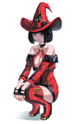 Rule 34 | 1girl, bare shoulders, black hair, boots, breasts, choker, cleavage, fingerless gloves, gloves, green eyes, guilty gear, guilty gear strive, hat, highres, i-no, large breasts, long sleeves, looking at viewer, mole, mole above mouth, o-ring, o-ring top, purple z, red footwear, red headwear, short hair, squatting, thigh boots, white background, witch hat