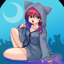 Rule 34 | 1girl, animal ears, animal hat, animal hood, arm support, black nails, blue background, blue eyes, blue jacket, blush, braid, breasts, cat, cat ears, cat hood, cat tail, cleavage, crescent moon, fang, full body, genderswap, genderswap (mtf), hat, highres, hood, hooded jacket, hoodie, jacket, lining, long sleeves, looking at viewer, moon, nail polish, no pants, open mouth, paw pose, ranma-chan, ranma 1/2, red hair, saotome ranma, shadow, short hair, sitting, solo, tail, wanta (futoshi)