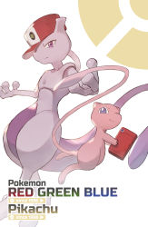 Rule 34 | absurdres, badge, baseball cap, closed mouth, clothed pokemon, commentary request, copyright name, creatures (company), game freak, gen 1 pokemon, hat, highres, holding, legendary pokemon, looking at viewer, mew (pokemon), mewtwo, mythical pokemon, nintendo, odd (hin yari), outstretched arms, poke ball symbol, pokedex, pokemon, pokemon (creature), purple eyes, red headwear, smile, toes