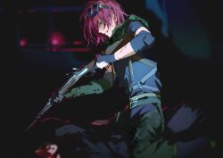 Rule 34 | 1boy, belt, blood, blood on clothes, blood on face, blue eyes, blurry, blurry background, commentary, elbow pads, ensemble stars!, glasses, gloves, goggles, goggles on head, gun, highres, holding, holding gun, holding weapon, male focus, partially fingerless gloves, purple hair, rrr (reason), saegusa ibara, short hair, short sleeves, solo, symbol-only commentary, teeth, weapon, window
