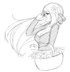 Rule 34 | 00s, 1girl, basket, breasts, cleavage, creatures (company), cynthia (pokemon), flower, game freak, greyscale, gym leader, hair flower, hair ornament, hand in own hair, highres, kekekeke, large breasts, long hair, monochrome, nintendo, pokemon, pokemon dppt, simple background, sketch, solo, white background