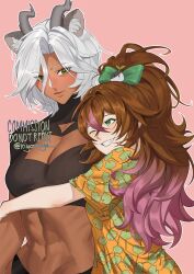 Rule 34 | 2girls, abs, absurdres, animal ears, artist name, artist request, blush, breasts, brown hair, character request, cleavage cutout, clothing cutout, dark-skinned female, dark skin, fangs, gradient hair, green eyes, highres, horns, hug, large breasts, looking down, looking up, multicolored hair, multiple girls, muscular, muscular female, one eye closed, pink background, pink hair, sansin jin, size difference, smile, teeth, virtual youtuber, white hair, yellow eyes