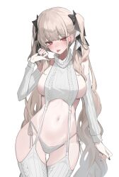 Rule 34 | 1girl, :p, absurdres, alternate costume, azur lane, blush, breasts, detached sleeves, fingernails, formidable (azur lane), garter straps, grey hair, highleg, highleg panties, highres, large breasts, long hair, looking at viewer, meme attire, nail polish, navel, nephthys2356, panties, red eyes, side-tie panties, sideboob, sideless outfit, simple background, solo, stomach, thigh gap, thighhighs, tongue, tongue out, twintails, underwear, very long hair, virgin destroyer sweater, white background, white garter straps, white panties, white thighhighs