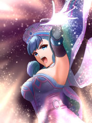 Rule 34 | 1girl, absurdres, armpits, blue eyes, breasts, dress, elbow gloves, from below, gloves, grey hair, hat, highres, large breasts, magic, melia antiqua, mercury xeno, nintendo, open mouth, sideboob, sidelocks, solo, xenoblade chronicles (series), xenoblade chronicles 1, xenoblade chronicles (series)
