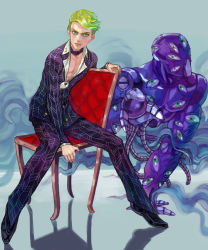 Rule 34 | bad id, bad pixiv id, blonde hair, chair, formal, green eyes, jewelry, jojo no kimyou na bouken, male focus, necklace, pants, pectorals, prosciutto, shoes, sitting, stand (jojo), suit, the grateful dead (stand), touge (kubiwa tsuki)