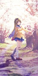 Rule 34 | 1girl, akayama yukihe, arm at side, black hairband, blazer, blue eyes, blue skirt, blush, brown footwear, clannad, commentary request, dappled sunlight, day, full body, hair between eyes, hairband, highres, jacket, kneehighs, light brown hair, loafers, long hair, looking at viewer, miniskirt, open mouth, outdoors, outstretched arm, park, photo background, pleated skirt, sailor collar, sakagami tomoyo, shoes, skirt, smile, socks, solo, spring (season), standing, sunlight, thighs, turtleneck, very long hair, white sailor collar, white socks, yellow jacket