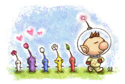 Rule 34 | 1boy, alien, big nose, black eyes, blue pikmin, blue skin, blue sky, brown hair, bud, buttons, clenched hands, closed mouth, colored skin, commentary, crayon (medium), day, english commentary, faux traditional media, flower, following, gloves, grass, hand on own chest, heart, helmet, leaf, lineup, nintendo, no mouth, olimar, open clothes, outdoors, outline, phatpandax3, pikmin (creature), pikmin (series), pink flower, pointy ears, pointy nose, purple hair, purple pikmin, purple skin, radio antenna, red eyes, red gloves, red pikmin, red skin, shadow, short hair, signature, sky, smile, solid circle eyes, space helmet, spacesuit, traditional media, very short hair, walking, white flower, white outline, white pikmin, white skin, yellow pikmin, yellow skin