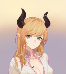 Rule 34 | 1girl, bat tattoo, blonde hair, blue eyes, breast tattoo, breasts, cauchyconjugacy, cleavage, closed mouth, coat, collared shirt, commentary, demon horns, eyelashes, frown, gradient background, hololive, horns, lab coat, long hair, looking at viewer, medium breasts, pink shirt, pointy ears, purple background, shirt, solo, tattoo, two-tone background, upper body, virtual youtuber, white coat, wing collar, yellow background, yuzuki choco, yuzuki choco (1st costume)