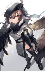 Rule 34 | 1girl, ahoge, arknights, armband, beret, black cape, black footwear, black gloves, black thighhighs, boots, brown hair, cape, commentary, dutch angle, expressionless, feathers, from above, full body, gloves, grey shirt, hair between eyes, hat, holding, infection monitor (arknights), looking at viewer, multicolored hair, plume (arknights), sasa onigiri, shirt, short hair, simple background, solo, standing, streaked hair, symbol-only commentary, thighhighs, two-tone hair, white background, white hair, yellow eyes