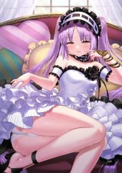 Rule 34 | 1girl, armpit crease, ass, black footwear, black ribbon, blush, breasts, choker, collarbone, commission, couch, curtains, detached sleeves, dress, fate/grand order, fate (series), feet, finger to cheek, foot out of frame, frilled choker, frilled dress, frilled hairband, frills, grey dress, hairband, hand up, high heels, highres, leaning to the side, legs, panties, parted bangs, parted lips, pillow, purple hair, ribbon, shadow, short dress, sidelocks, skeb commission, skirt hold, small breasts, solo, stheno (fate), strapless, strapless dress, strappy heels, thighs, twintails, underwear, white choker, white panties, window, yapo (croquis side), yellow eyes