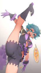 Rule 34 | 1girl, :d, ass, black bra, black footwear, black shorts, bra, breasts, cameltoe, glasses, gloves, gradient background, green eyes, green hair, grey background, hat, highres, medium breasts, mini hat, mini top hat, natto soup, open mouth, pandoria (xenoblade), purple gloves, round eyewear, short hair, shorts, smile, solo, split, standing, standing on one leg, standing split, top hat, underwear, white background, xenoblade chronicles (series), xenoblade chronicles 2