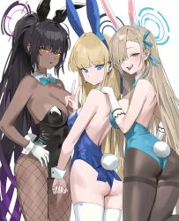 Rule 34 | 3girls, :p, animal ears, ass, asuna (blue archive), asuna (bunny) (blue archive), asymmetrical bangs, black hair, black leotard, blonde hair, blue archive, blue eyes, blue leotard, bow, bowtie, breasts, brown pantyhose, commentary, dark-skinned female, dark skin, detached collar, earpiece, english commentary, fake animal ears, fake tail, fishnet pantyhose, fishnets, gloves, hair over one eye, halo, hand on another&#039;s shoulder, high ponytail, highres, hood (james x), karin (blue archive), karin (bunny) (blue archive), large breasts, leotard, long bangs, long hair, looking at viewer, medium breasts, microphone, multiple girls, official alternate costume, one eye covered, pantyhose, playboy bunny, rabbit ears, rabbit tail, strapless, strapless leotard, tail, thighband pantyhose, thighhighs, toki (blue archive), toki (bunny) (blue archive), tongue, tongue out, v, very long hair, white gloves, white thighhighs, wrist cuffs, yellow eyes