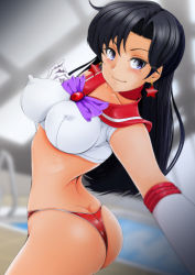 Rule 34 | 1girl, ass, bikini, bishoujo senshi sailor moon, black hair, blue eyes, blurry, blurry background, blurry foreground, blush, breasts, butt crack, closed mouth, covered erect nipples, crop top, depth of field, earrings, elbow gloves, from behind, gloves, highres, hino rei, holding, indoors, inner senshi, jewelry, light blush, long hair, looking at viewer, looking back, medium breasts, nanashi noiji, pool, reaching, reaching towards viewer, red bikini, rei no pool, sailor bikini, sailor collar, sailor mars, sailor senshi, sailor senshi uniform, selfie, smile, solo, standing, star (symbol), star earrings, swimsuit, white gloves
