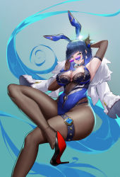 Rule 34 | 1girl, :q, absurdres, adjusting eyewear, animal ears, arm up, armpits, bead choker, blue hair, breasts, brown pantyhose, che dapao, cleavage, cleavage cutout, clothing cutout, coat, crossed legs, diagonal bangs, dice, fake animal ears, foot out of frame, fur-trimmed coat, fur trim, genshin impact, green eyes, hair over one eye, hand on eyewear, heart, heart-shaped eyewear, high heels, highres, large breasts, lipstick, looking at viewer, makeup, neck tassel, pantyhose, pumps, rabbit ears, rabbit pose, saliva, shoe dangle, shoes, short hair, simple background, solo, stiletto heels, thigh strap, tongue, tongue out, white coat, yelan (genshin impact)