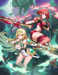 Rule 34 | 3girls, aegis sword (xenoblade), bare legs, bare shoulders, black gloves, blonde hair, breasts, burnt green tea, chest jewel, cleavage, cleavage cutout, clothing cutout, dress, earrings, elbow gloves, fingerless gloves, gem, gloves, green eyes, green hair, hair ornament, headpiece, highres, jewelry, large breasts, long hair, multiple girls, mythra (xenoblade), nintendo, pneuma (xenoblade), ponytail, pyra (xenoblade), red eyes, red hair, red legwear, red shorts, short dress, short hair, short shorts, shorts, swept bangs, sword, thigh strap, thighhighs, tiara, very long hair, weapon, white dress, white footwear, white gloves, xenoblade chronicles (series), xenoblade chronicles 2, yellow eyes