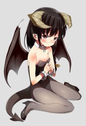 Rule 34 | 1girl, atage, black hair, blush, brown eyes, collar, collarbone, demon girl, demon horns, demon tail, demon wings, glasses, hair ribbon, high heels, highres, horns, leotard, long hair, looking at viewer, nontraditional playboy bunny, original, pantyhose, playboy bunny, pout, ribbon, simple background, solo, tail, wings