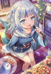 Rule 34 | 1girl, animal costume, blue eyes, blue hair, blue hoodie, blunt bangs, blush, breasts, fins, fish tail, gawr gura, gawr gura (1st costume), highres, hololive, hololive english, hood, hoodie, long sleeves, looking at viewer, medium hair, multicolored hair, open mouth, shark costume, shark girl, shark tail, sharp teeth, silver hair, small breasts, smile, solo, streaked hair, tail, teeth, torino aqua, two side up, virtual youtuber, wide sleeves