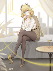 1girl aglaea_(honkai:_star_rail) alternate_costume blonde_hair blurry blurry_background breast_tattoo breasts brown_jacket brown_skirt collarbone commentary_request crossed_legs cup curtains drinking_glass feet green_eyes grey_pantyhose head_rest head_wreath high_heels highres honkai:_star_rail honkai_(series) indoors jacket jacket_on_shoulders jewelry large_breasts light_smile looking_at_viewer necklace office_lady on_bed paid_reward_available pantyhose parted_lips shirt short_hair sitting skirt solo table tattoo toes white_shirt window yellow_shoes yunkaiming