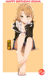 Rule 34 | 10s, 1girl, 2016, bare legs, barefoot, breasts, brown hair, can, canned coffee, character name, cleavage, collarbone, dated, drink can, feet, happy birthday, highres, isshiki iroha, jacket, legs, long legs, medium breasts, school uniform, shadow, short hair, sitting, skirt, smile, solo, suryua, sweater, toes, yahari ore no seishun lovecome wa machigatteiru., yellow eyes