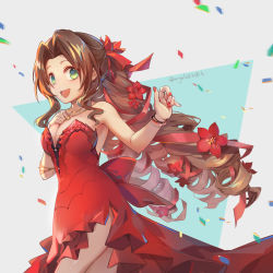 Rule 34 | 1girl, aerith gainsborough, aerith gainsborough (red dress), armlet, back bow, bow, bracelet, breasts, brown hair, cleavage, confetti, dress, earrings, final fantasy, final fantasy vii, final fantasy vii remake, flamenco dress, flower, green eyes, hair flower, hair ornament, hair ribbon, hand on own chest, hand up, jewelry, long hair, nail polish, necklace, official alternate costume, open mouth, parted bangs, plunging neckline, ponytail, red dress, ribbon, ringlets, shuang xiyu, sidelocks, smile, solo, square enix, strapless, strapless dress, upper body, wall market