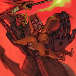Rule 34 | dragon gundam, fighting stance, g gundam, green eyes, gundam, highres, holding, holding staff, mecha, olympia sweetman, open hand, red background, robot, science fiction, solo, staff, symbol-only commentary, v-fin