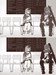 Rule 34 | 1boy, 1girl, animal ears, arknights, braid, cabbie hat, cat ears, cat girl, cat tail, chair, commentary request, fading, folding chair, goldenglow (arknights), greyscale, hat, holding, jacket, long hair, monochrome, on chair, open clothes, open jacket, pants, red (npc) (arknights), shirt, shoes, single braid, sitting, skirt, tail, thighhighs, youci332502