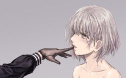 Rule 34 | 2girls, black gloves, black shirt, brown eyes, commentary request, finger to another&#039;s mouth, gloves, grey background, grey hair, highres, long sleeves, looking at another, multiple girls, nude, original, parted lips, shirt, short hair, simple background, sweat, takekawa shin, upper body, yuri