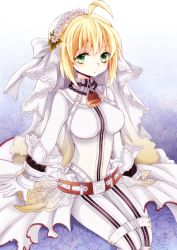 Rule 34 | 10s, 1girl, ahoge, bad id, bad pixiv id, biya, blonde hair, bodysuit, breasts, chain, fate/extra, fate/extra ccc, fate (series), flower, gloves, green eyes, large breasts, lock, nero claudius (bride) (fate), nero claudius (fate), nero claudius (fate), padlock, solo, veil