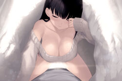 Rule 34 | 1boy, 1girl, backlighting, bare shoulders, black hair, blunt bangs, breasts, cait aron, cleavage, closed eyes, closed mouth, collarbone, commentary, downblouse, girl on top, hanging breasts, large breasts, long hair, long sleeves, original, pov, shirt, sleeves past wrists, solo focus, spread legs, sunlight, sweater, thighs, under covers, white shirt