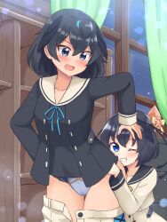Rule 34 | 2girls, absurdres, assisted exposure, black hair, black sailor collar, black shirt, blue eyes, blue panties, blush, bob cut, clothes pull, collared shirt, commentary, commission, cropped jacket, female pervert, frown, grin, hand on another&#039;s head, high-waist skirt, highres, indoors, jacket, kemono friends, long sleeves, looking at another, looking at viewer, looking back, multiple girls, night, one eye closed, open mouth, panties, pantsing, panty pull, pervert, pulling another&#039;s clothes, sailor collar, shiraha maru, shirt, short hair, skirt, skirt pull, smile, squatting, standing, superb bird-of-paradise (kemono friends), thigh gap, underwear, western parotia (kemono friends), white jacket, white skirt, window