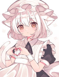 Rule 34 | 1girl, absurdres, animal ears, apron, back bow, blush, bow, brown eyes, cat ears, cat girl, cat tail, collared dress, dress, future c0v0c, hat, heart, heart hands, highres, looking at viewer, maid, mob cap, neck ribbon, original, ribbon, short hair, short sleeves, solo, tail, white hair, wrist cuffs