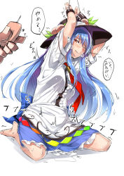 Rule 34 | 1boy, 1girl, arms up, barefoot, bdsm, blue hair, bondage, bound, bound wrists, breasts, clenched teeth, collared shirt, controller, disembodied limb, dress, food, food on head, fruit, fruit on head, hat, hinanawi tenshi, long hair, looking at viewer, necktie, neropaso, object on head, one eye closed, peach, pov, pussy juice, red eyes, remote control, remote control vibrator, seiza, setsubun, sex toy, shirt, sitting, solo focus, teeth, torture, touhou, translated, very long hair, vibrator, wince, wireless sex toy controller