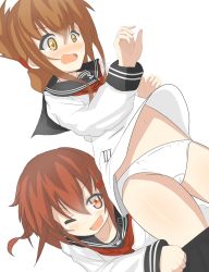Rule 34 | 10s, 2girls, assisted exposure, blush, brown eyes, brown hair, clothes pull, eve (kenzen), fang, folded ponytail, hair ornament, hairclip, highres, ikazuchi (kancolle), inazuma (kancolle), kantai collection, long hair, multiple girls, neckerchief, one eye closed, open mouth, panties, pantsing, red neckerchief, school uniform, serafuku, short hair, skirt, skirt pull, smile, tears, underwear, white panties, wink, yellow eyes