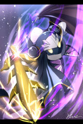 Rule 34 | armor, bat wings, cape, galaxia (sword), gloves, glowing, glowing eyes, highres, kirby (series), letterboxed, looking at viewer, mask, meta knight, nintendo, no humans, pauldrons, rune (ruupokesmash54), shoulder armor, signature, solo, sword, weapon, white gloves, wings