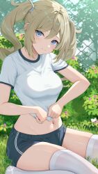 Rule 34 | 1girl, absurdres, barbara (genshin impact), blonde hair, blue eyes, blush, breasts, bush, clothes lift, day, feet out of frame, fence, genshin impact, grass, grin, gym shirt, gym shorts, gym uniform, highres, large breasts, lens flare, lifted by self, looking at viewer, navel, outdoors, rosumerii, shirt, shirt lift, short shorts, shorts, sitting, skindentation, smile, solo, t-shirt, thighhighs, thighs, twintails, wariza, white shirt, white thighhighs