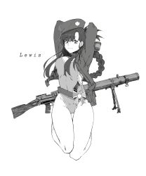 Rule 34 | 1girl, absurdres, arms behind head, arms up, belt bow, beret, bipod, bow, braid, breasts, character name, cleavage, cropped jacket, drum magazine, emblem, girls&#039; frontline, greyscale, gun, hair bow, hat, high-capacity magazine, highleg, highleg leotard, highres, jacket, kangsog, legs, leotard, lewis (girls&#039; frontline), lewis gun, light machine gun, long hair, machine gun, magazine (weapon), monochrome, open clothes, open jacket, pan magazine, simple background, solo, thighs, very long hair, weapon, white background