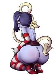Rule 34 | 1girl, ass, blue hair, blue skin, cerealharem, colored skin, detached sleeves, hair over one eye, highres, huge ass, kneeling, leviathan (skullgirls), looking back, pussy, red eyes, side ponytail, skullgirls, smile, squigly (skullgirls), stitched mouth, stitches, zombie