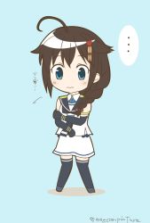Rule 34 | 1girl, ahoge, blue eyes, boots, braid, chibi, cosplay, elbow gloves, gloves, hair flaps, hair ornament, hair over shoulder, hair ribbon, highres, kantai collection, mae (maesanpicture), remodel (kantai collection), ribbon, sailor collar, samidare (kancolle) (cosplay), samidare (kancolle), shigure (kancolle), single braid, solo, thigh boots, thighhighs, twitter username