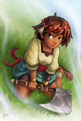Rule 34 | 1girl, ajna (indivisible), ankle wrap, axe, beads, bracelet, dark skin, dark-skinned female, feet, grass, hatchet, indivisible, jewelry, maxa&#039;, sandals, shorts, sitting, skirt, smile, solo, weapon