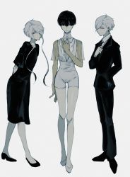 Rule 34 | alternate costume, androgynous, arms behind back, artist request, black eyes, black hair, blue eyes, blunt bangs, cairngorm (houseki no kuni), dress, expressionless, formal, full body, gender request, ghost quartz (houseki no kuni), golden arms, hair over one eye, hand on own chest, heterochromia, highres, houseki no kuni, necktie, phosphophyllite, phosphophyllite (ll), short hair, short hair with long locks, shorts, spoilers, suit, time paradox, white hair, yellow eyes