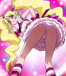 Rule 34 | 00s, 1girl, \m/, ass, boots, bow, cure peach, fresh precure!, from below, hair ornament, haruyama kazunori, heart, heart hair ornament, knee boots, magical girl, momozono love, panties, pantyshot, pink bow, pink eyes, pink footwear, precure, solo, underwear, upskirt
