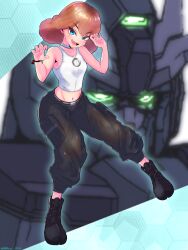 Rule 34 | 1girl, absurdres, bare shoulders, black footwear, black pants, blue eyes, brown hair, cargo pants, choker, collarbone, commentary request, commission, fangs, full body, gundam, gundam lfrith ur, gundam suisei no majo, highres, looking at viewer, mecha, midriff, mobile suit, navel, pants, partial commentary, robot, science fiction, solo, sophie pulone, tank top, tsurime, twitter username, white choker, yoko hata